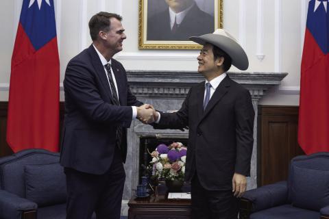 The Governor’s Office of Oklahoma Oklahoma Gov. Kevin Stitt shakes the hand of Taiwan President Lai Ching-te while on the Asian trade mission last week. President Ching-te is shown wearing the cowboy hat Stitt gifted to him.