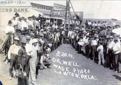 Wade. Crowd in Front of Oil Well and Bank in Lawton, photograph, Aug. 20, 1901; (https://gateway. okhistory.org/ark:/67531/metadc230766/m1/1/: accessed July 24, 2024), The Gateway to Oklahoma History, https://gateway.okhistory.org; crediting Oklahoma Historical Society.