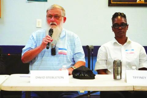 Eric Swanson | Southwest Ledger From the left, Lawton City Council candidate David Stebleton speaks while his fellow candidate Tiffiney Dimery listens during an Aug. 31 candidate forum at VFW Post 5263 in Lawton. The Lawton League of Women Voters hosted the event, which gave voters a chance to hear candidates’ views on city issues ahead of the Sept. 9 election.