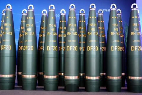 Artillery shells of German arms manufacturer Rheinmetall are displayed in Unterluess, Germany, on Aug. 27, 2025. AP Photo/Markus Schreiber, File