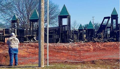 Bryana Ramos | Southwest Ledger The Old West-style fort in the Kids Zone of Greer Park was demolished last week in preparation for construction of “a new and improved play unit,” Parks Supervisor Michael Glaze-Lyle said. Construction is expected to take approximately three months to complete. The park is projected to reopen in mid-June after completion of myriad renovations financed with PROPEL 2040 revenues and a SPARK grant.
