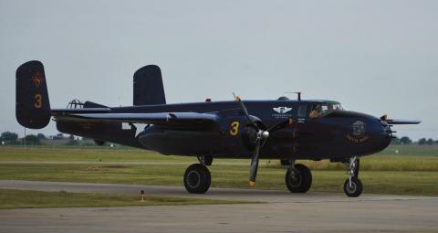 Christopher Bryan | Southwest Ledger This 79-year-old World War II-era B-25 bomber of the Commemorative Air Force, the “Devil Dog,” was the star attraction at the 2020 Chickasha Wings &amp; Wheels Airshow. This year’s event is scheduled for June 1 at the Chickasha Municipal Airport, located at 2344 Beechcraft Road approximately two miles north of town off US-81. David Schultz Airshows will again coordinate the event.