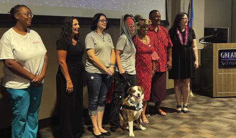From left, Alexandria Reed, Kimberly Morris, Sarah McNair, Holly Staeden, Betty and Iafeta Veu pose after their wins at the 580 Pitch competition next to Carey Monroe, Great Plains Technology Center’s small business management coordinator. Contestants competed for $20,000 in total prize money. KMZ Investments took home $10,000; Broke B’s Mobile Pet Grooming, $5,000; Poly HuliHuli RibChic, $3,000 and Alexandria Cleaning Company, $2,000. Mindy Ragan Wood | Southwest Ledger
