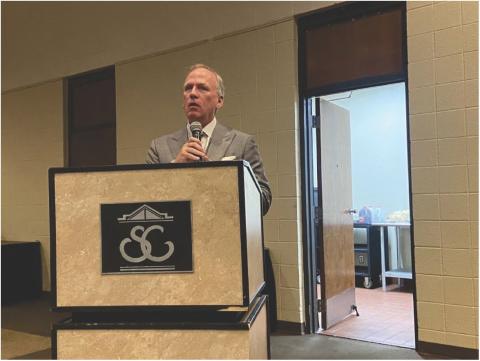 Former U.S. Rep. Brad Carson addresses the audience during his presentation on artificial intelligence and the ethical dilemmas it can create Thursday at the Simmons Center in Duncan. The presentation was part of Cameron University's academic festival. Eric Swanson | Southwest Ledger