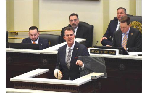 Oklahoma Governor Kevin Stitt delivers his final State of the State address to a joint session of the Oklahoma Legislature Monday. His speech began the four-monthslong legislative session. After serving eight years, Stitt will leave office next January. Jenna Lowrance | Southwest Ledger