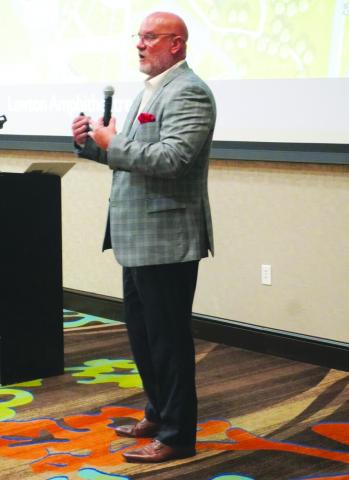 Lawton Economic Development Corp. President Brad Cooksey addresses the audience during the Lawton-Fort Sill Chamber of Commerce’s State of Economic Development Luncheon on July 18 at the Hilton Garden Inn. Cooksey provided an overview of LEDC’s work and the nonprofit organization’s current projects. Eric Swanson | Southwest Ledger