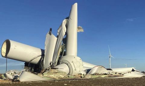 A wind turbine erected in a wheat field near the Kay County community of Kildare, which is five miles north of Ponca City, collapsed last week for no apparent reason. The mishap was reported to the Kildare Fire Department at 7:23 a.m. Feb. 25, Fire Chief Travis Harris told Southwest Ledger. The incident was “bizarre” because the wind speed at the time was 3 to 12 miles per hour, he said. No injuries to humans or livestock were reported. The structure was 300 feet tall and its blades were perhaps 200 feet lo