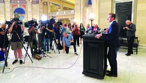 M. Scott Carter | Southwest Ledger State Superintendent of Public Instruction Ryan Walters speaks at an impromptu Capitol press conference earlier this year.