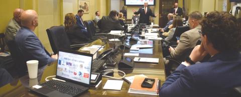 Oklahoma Press Association Executive Director Mark Thomas speaks to members of the Lawton Fort Still Chamber of Commerce last Wednesday at the State Capitol during the Chamber’s annual Day at the Capitol event. ________. ______________._ ___ __