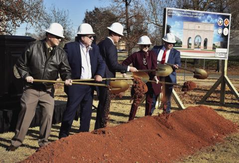 Provided Turning soil at the 45th Division National Guard Arch and Park groundbreaking ceremony were, from left: Maj. Gen. Thomas H. Mancino, former Rep. Mark McBride, Gov. Kevin Stitt, Sen. Brenda Stanley, and Rep. Ty Burns, who was a member of the 45th Infantry Brigade Combat Team.