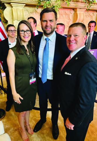 Pictured from left to right are Oklahoma Secretary of Education Nellie Sanders, GOP nominee for Vice President U.S. Sen. J.D. Vance (R-Ohio), and Oklahoma Broadband Office Executive Director Mike Sanders. Photo Provided
