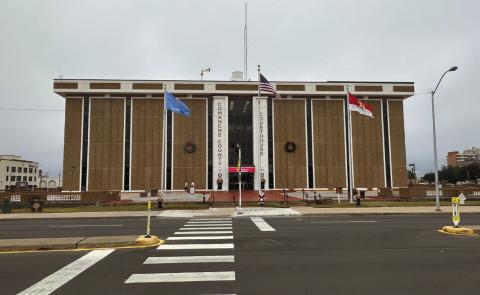 Curtis W. Awbrey | Southwest Ledger Two visitors exit Comanche County Courthouse just before noon Monday. For the sixth time, Comanche County “earned a perfect score” on an annual audit conducted by the Oklahoma Tax Commission, County Assessor Grant Edwards announced. Only six of Oklahoma’s 77 counties received a perfect score on the 2024 audit, the OTC confirmed.