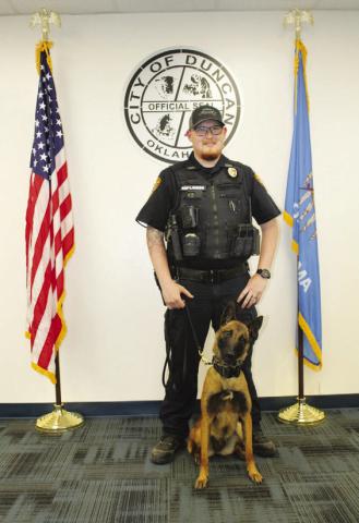 City of Duncan K9 Blu is shown with Master Officer K. Keplinger of the Duncan Police Department. K9 Blu recently graduated from the Canine Unlimited Training program in Ochelata.
