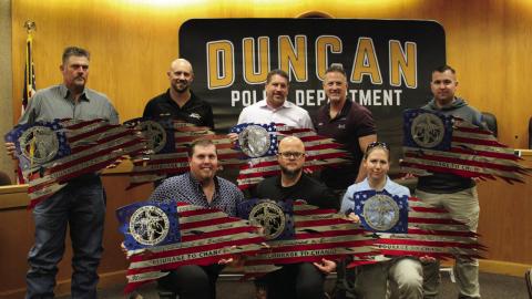From left to right, back row: Lt. Parker, Sgt. Lard, Police Chief Brian Attaway, Brian Wellbrock and Officer Burchfield. Front row: Detective Newman, Detective Hicks and Sgt. Smith. Not pictured: Sgt. Arnold. City of Duncan