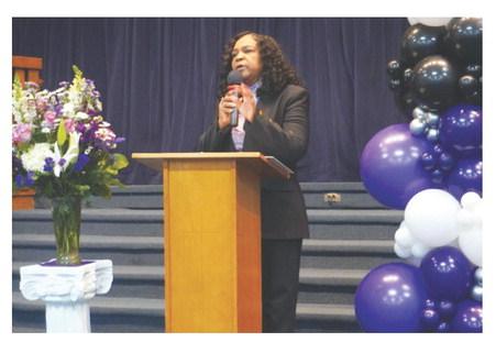 Eric Swanson | Southwest Ledger MIGHT Community Resource and Development Center founder and CEO Bernita Taylor speaks during a ribbon-cutting ceremony for the McMahon S212 Guest House. MIGHT and the Sanctuary 212 organization teamed up to create the facility, a shelter for young men who have aged out of the foster care system.