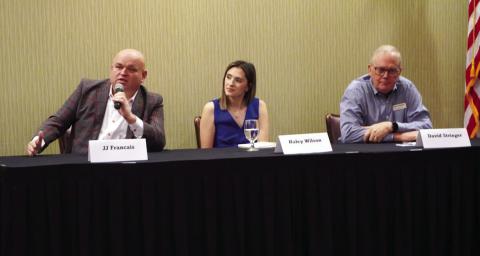 From the left, JJ Francais, associate publisher of Southwest Ledger, speaks while KSWO anchor Haley Wilson and Lawton Constitution Publisher David Stringer listen during a Lawton-Fort Sill Chamber of Commerce luncheon March 6 at the Apache Casino Hotel. The three panelists discussed many issues facing news organizations. Eric Swanson | Southwest Ledger